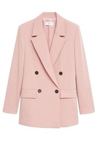 Růžové dvouřadé sako s klopovým límcem, dvěma předními kapsami, černými knoflíky a strukturovanými rameny. Hladká textura látky.