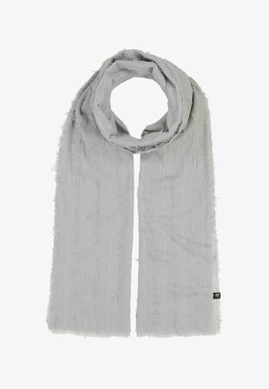 Light gray textured scarf with subtle vertical frayed lines, loosely looped with ends hanging down, on a white background.