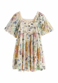 Hellbeiges Blumenkleid mit Paillettenakzenten, kurzen Puffärmelchen, quadratischem Ausschnitt und einem gerafften Bund für eine ausgestellte Silhouette.