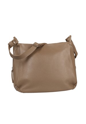 Beige leather shoulder bag with adjustable strap, zipper closure, and a slightly textured surface.