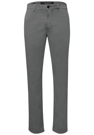 Pantaloni grigi da uomo a taglio aderente con passanti per cintura, chiusura con bottone e zip, tasche frontali e gambe dritte.