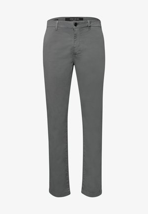 Grijze slim-fit herensbroek met riemlussen, knoop- en ritssluiting, voorzakken en rechte pijpen.