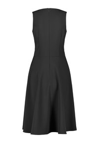 Schwarzes ärmelloses Kleid mit taillierter Oberseite und schwingendem Rock. Glatter, strukturierter Stoff mit einem Reißverschluss auf der Rückseite.