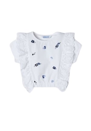 Witte katoenen top met korte, geschulpte kantmouwen, bloemenborduursel in marineblauw en zwart, en een geraffineerde taille.