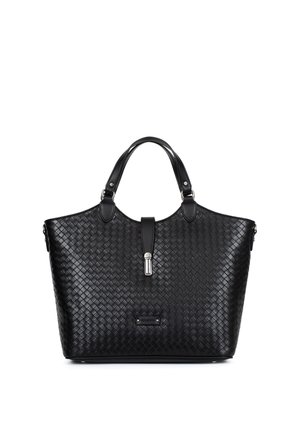 Borsa a mano in pelle intrecciata nera con doppi manici, una cinghia centrale con fibbia argentata e una piccola targhetta rettangolare del marchio sul davanti.