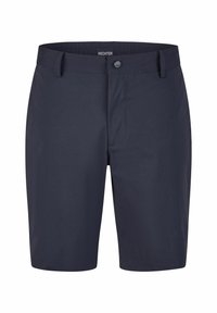 Shorts bleu marine avec une texture lisse, dotés d'une fermeture à bouton, de passants de ceinture et d'une coupe droite. Sans motifs ni accents visibles.