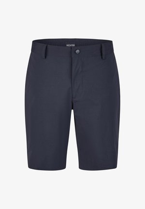 Shorts bleu marine avec une texture lisse, dotés d'une fermeture à bouton, de passants de ceinture et d'une coupe droite. Sans motifs ni accents visibles.