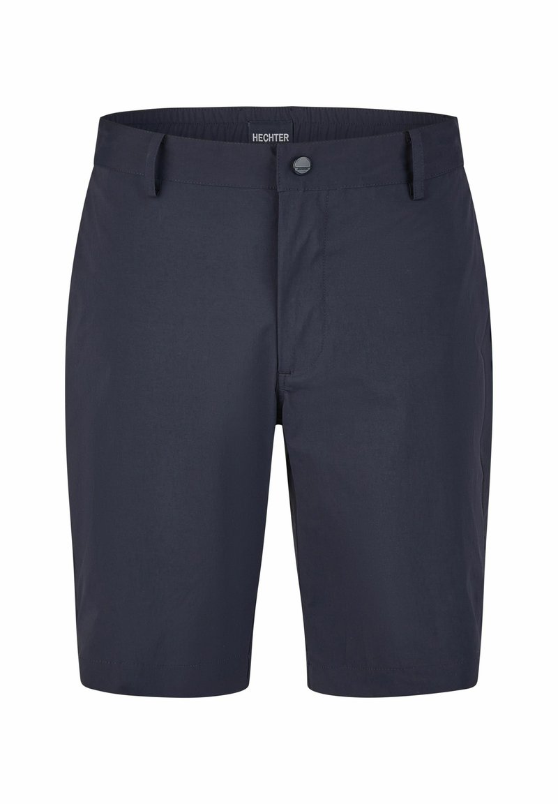 Shorts bleu marine avec une texture lisse, dotés d'une fermeture à bouton, de passants de ceinture et d'une coupe droite. Sans motifs ni accents visibles.
