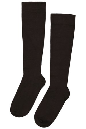 Paar schlichte schwarze knielange Socken flach liegend, die Fuß- und Beinabschnitte klar zeigen.