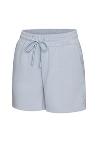 Shorts in misto cotone di colore azzurro chiaro con vita elastica, cordoncino e tasche laterali. Presentano un logo discreto stampato sulla gamba.