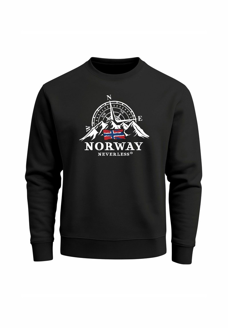 Schwarzer Sweatshirt mit weißen Bergen, einem Kompass-Design und einer Norwegen-Flagge. Text lautet "NORWAY NEVERLESS." Rundhalsausschnitt, lange Ärmel.