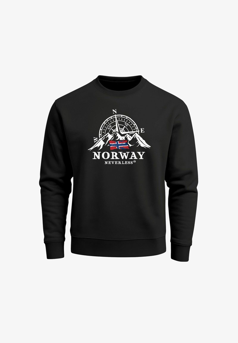 Schwarzer Sweatshirt mit weißen Bergen, einem Kompass-Design und einer Norwegen-Flagge. Text lautet "NORWAY NEVERLESS." Rundhalsausschnitt, lange Ärmel.