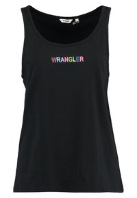 Musta hihaton toppi, joka on valmistettu puuvillasta. Edessä on sateenkaaren värinen "WRANGLER" -logo. Pintakuvio on sileä ja kaulus on pyöreä.