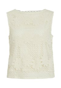 Blommönstrad, ärmlös topp i off-white, med rund halsringning och strukturerad yta. Inga synliga knäppningar.