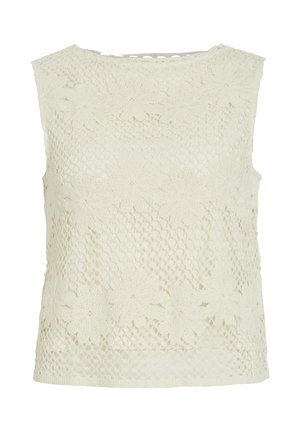 Blommönstrad, ärmlös topp i off-white, med rund halsringning och strukturerad yta. Inga synliga knäppningar.