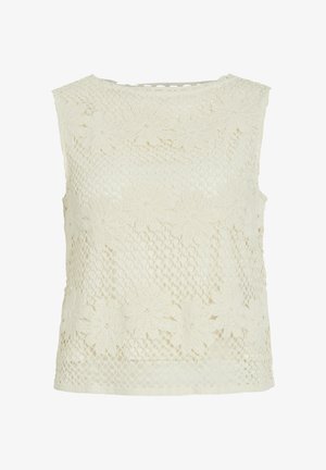 Blommönstrad, ärmlös topp i off-white, med rund halsringning och strukturerad yta. Inga synliga knäppningar.