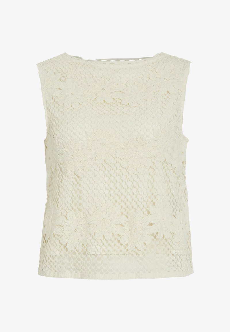 Lace sleeveless top in off-white, featuring floral patterns, a crew neckline, and a textured finish. No visible fastenings.