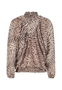 Jasnoróżowa bluzka z długim rękawem w czarne paski zebry, z wysokim marszczonym kołnierzem, zapięciem na guziki, bufiastymi rękawami oraz elastycznym pasem i mankietami.