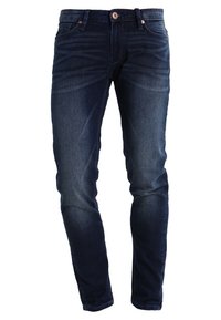 Mörkblå denimjeans med smal passform, som har en klassisk femficksdesign, subtil slitage och en knäppning i midjan.