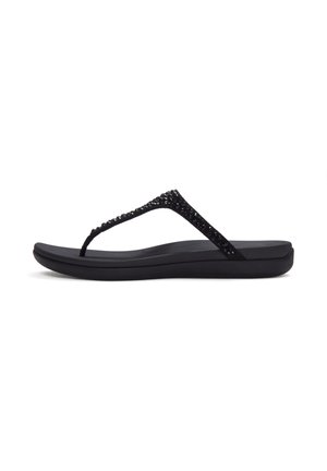 Zwarte damesflipflops met een gewatteerde zool en smalle bandjes versierd met kleine zwarte edelstenen.