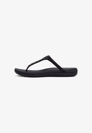 Zwarte damesflipflops met een gewatteerde zool en smalle bandjes versierd met kleine zwarte edelstenen.