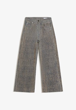Jeans mit hoher Taille und weitem Bein in einer gesprenkelten grauen und beigen Waschung, mit Fronttaschen, Gürtelschlaufen und Knopfverschluss.