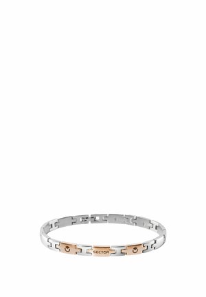 Bracciale a catena in argento e oro rosa con placche rettangolari, una incisa con il testo "SECTOR", mostrato su sfondo bianco.