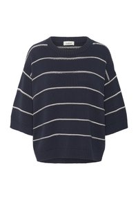Navy-blauer Strickpullover mit weißen horizontalen Streifen, Rundhalsausschnitt und kurzen Ärmeln. Verfügt über gerippte Bündchen und Saum für zusätzliche Textur.
