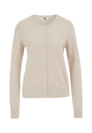 Bézs kötött kardigán texturált mintával, kerek nyakkal és elöl gombos lezárással. Bordázott mandzsetta és szegély részletekkel.