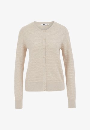 Beige gestrickte Strickjacke mit einer strukturierten Musterung, Rundhalsausschnitt und vorderer Knopfleiste. Details mit gerippten Bündchen und Saum.