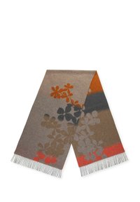 Sciarpa di lana con motivi floreali in tonalità di arancione, grigio e marrone, con bordi frangiati e una texture morbida.