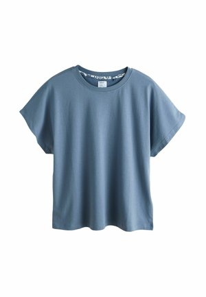 Blue cotton t-shirt with a relaxed fit, short sleeves, and a round neckline. The fabric is smooth with a subtle texture.