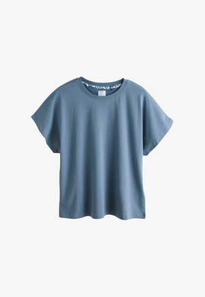 Blue cotton t-shirt with a relaxed fit, short sleeves, and a round neckline. The fabric is smooth with a subtle texture.