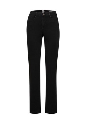 Jeans in denim nero con design a gamba dritta, caratterizzati da borchie decorative in vita e dal classico stile a cinque tasche.