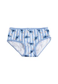 Mutande in cotone blu con motivo a righe e volti di personaggi dei cartoni animati, tessuto morbido e un fiocco decorativo sulla vita.