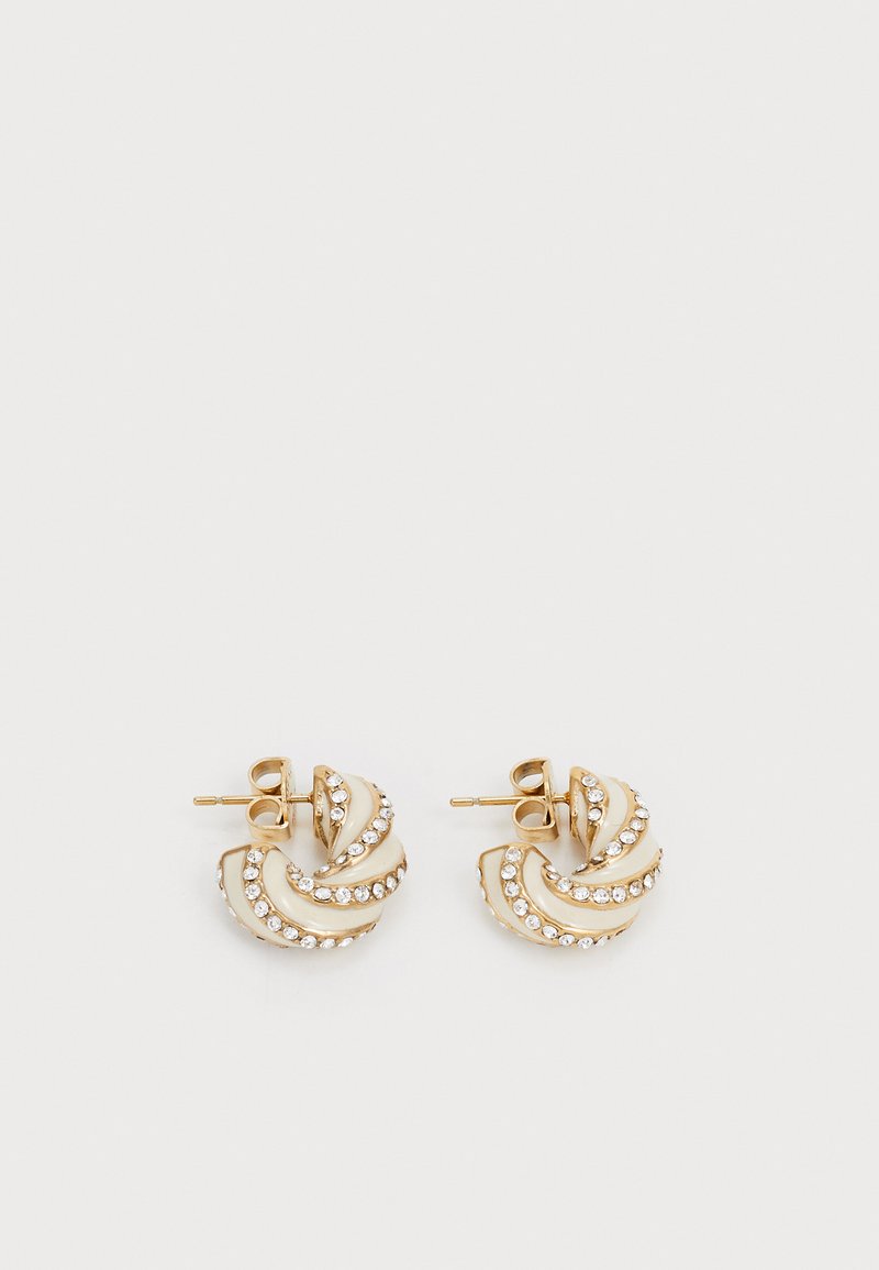 Goudkleurige stud oorbellen met een spiraalontwerp, versierd met heldere rhinestones langs de randen, wat zorgt voor een textuurachtige uitstraling.