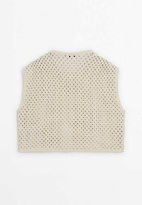 Häkeloberteil ohne Ärmel in Beige mit einem quadratischen Maschenmuster, das über einen runden Ausschnitt und einen offenen Rücken verfügt. Strukturierter Strickstoff im gesamten Oberteil.