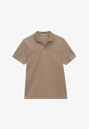 Bruine katoenen polo met een klassieke kraag, korte mouwen en een subtiel v-hals ontwerp. Soepele textuur en eenvoudige snit.