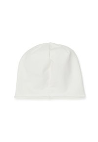 Berretto bianco in cotone con corona arrotondata e texture morbida. Il design è senza cuciture, con uno stile semplice e minimalista.