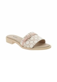Sandalia de tiras abiertas con una parte superior de tela beige con un patrón de cadenas, tiras de color rosa claro y un tacón bajo.