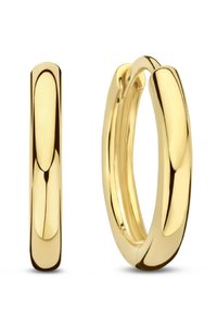 Boucles d'oreilles en or à la surface lisse et polie. Une boucle est légèrement plus épaisse avec un bord arrondi, tandis que l'autre est plus mince.