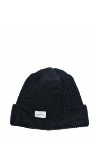 Navy knitted beanie with a ribbed cuff and a small woven label. The texture is thick and chunky, featuring a relaxed fit at the top.