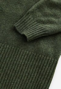 Dunkelgrüner Wollpullover mit gerippten Bündchen und Saum, weichem Griff und glatter Oberfläche. Akzente bestehen aus subtilen Farbtönen.