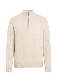 Beige zip-kraag truien gemaakt van zachte, gestructureerde stof. Heeft een geribbelde zoom en mouwen, met een halve rits bij de kraag voor extra detail.