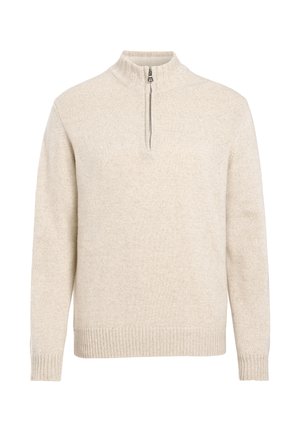 Beige zip-neck-tröja tillverkad av mjukt, texturerat tyg. Den har en ribbad fåll och ärmar, samt en halv dragkedja vid kragen för extra detalj.