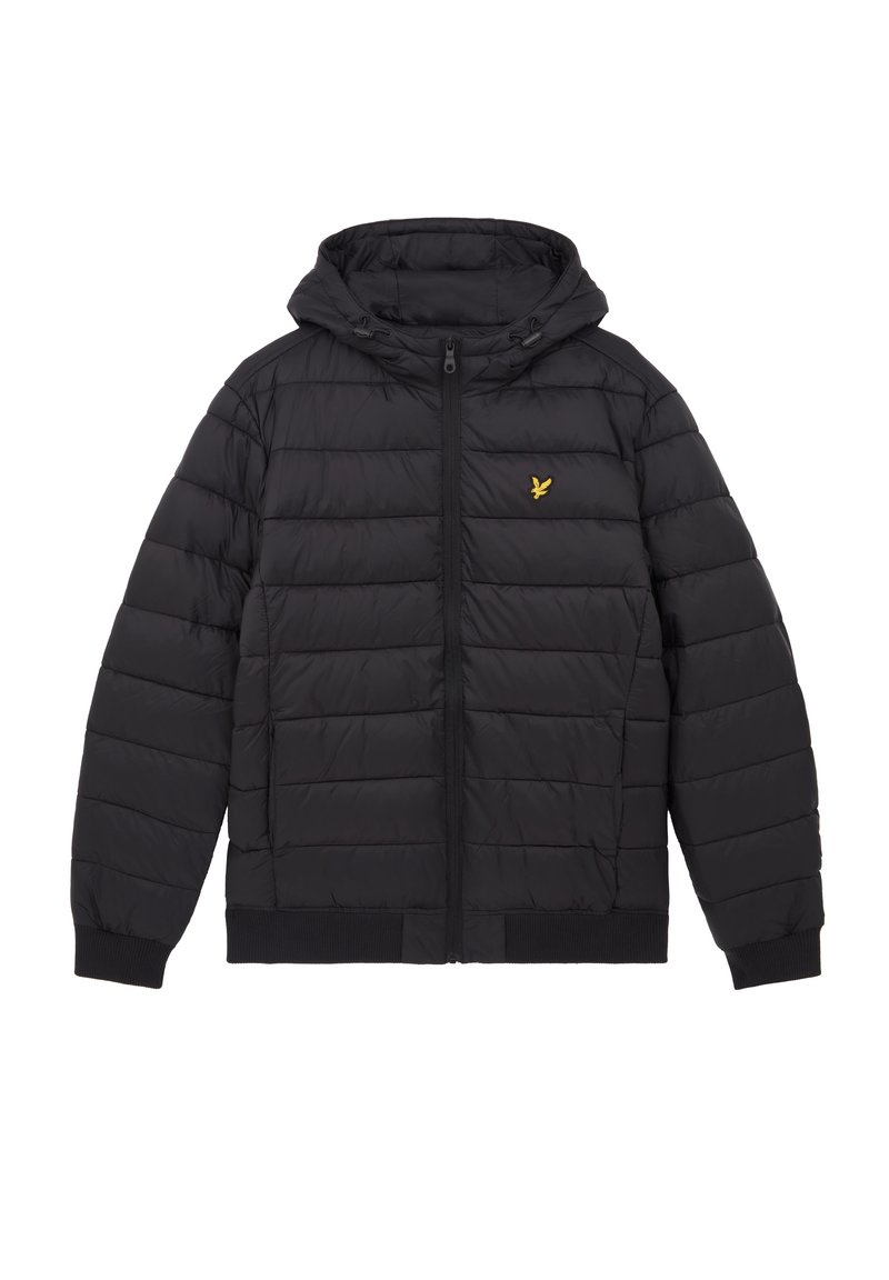 Black padded jacket with a hood, featuring a zip front, elastic cuffs, and a small gold logo on the chest. Smooth texture and quilted design.