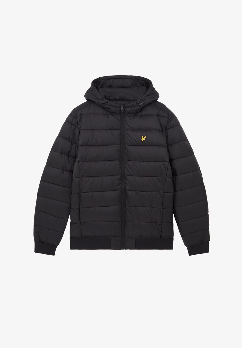 Black padded jacket with a hood, featuring a zip front, elastic cuffs, and a small gold logo on the chest. Smooth texture and quilted design.