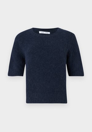 Dark blue fuzzy knit short-sleeve sweater with a round neckline and straight hem, displayed on a white background.