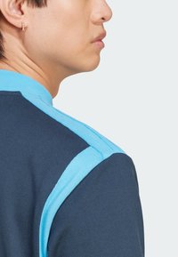 Tums zilā polo krekls ar debeszils apkakli un plecu akcentiem, ar ribotu struktūru un kontrastējošām krāsām paneļiem.