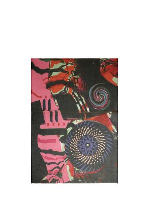 Schal mit abstrakten geometrischen Mustern in Rot, Pink, Schwarz und Grün, mit zwei großen kreisförmigen Spiralmustern in Blau und Mehrfarbig.